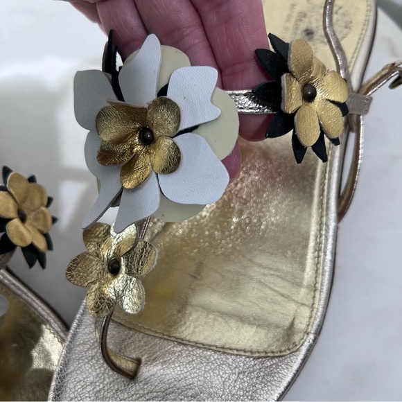 J Crew Collection Made In Italy Leather Gold Floral Boho Elegant Sandals Size 8 - Picture 11 of 15